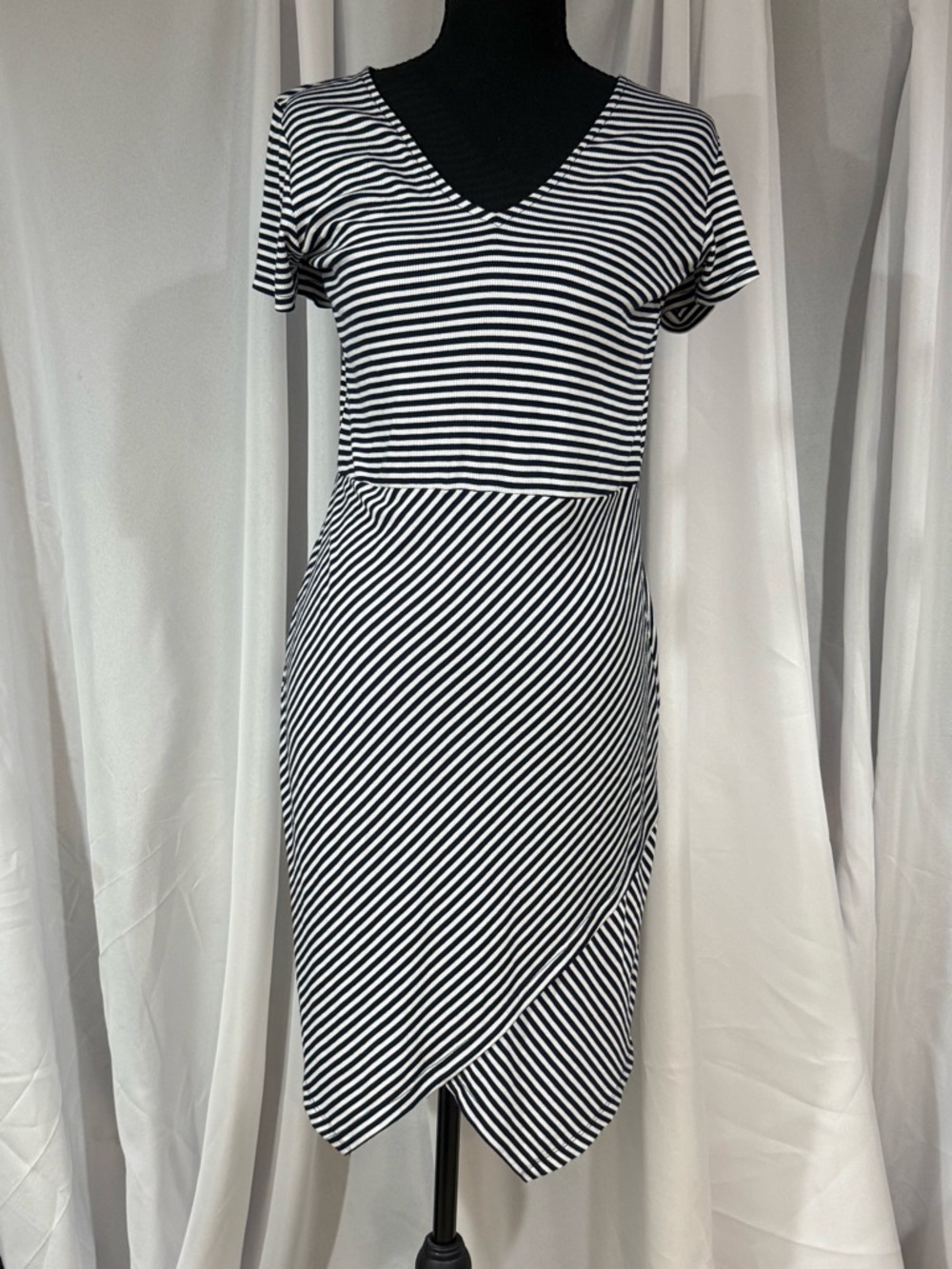 dolan Black & White Striped V-Neck Tulip Midi Dress